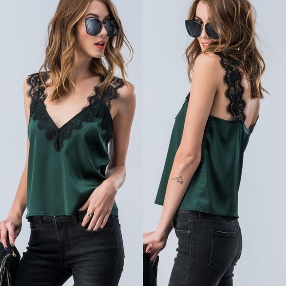 LAST 1! Hunter green eyelash satin cami - Picture 3 of 8